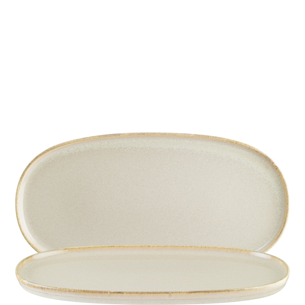 Zwei ovale, beige Servierplatten.