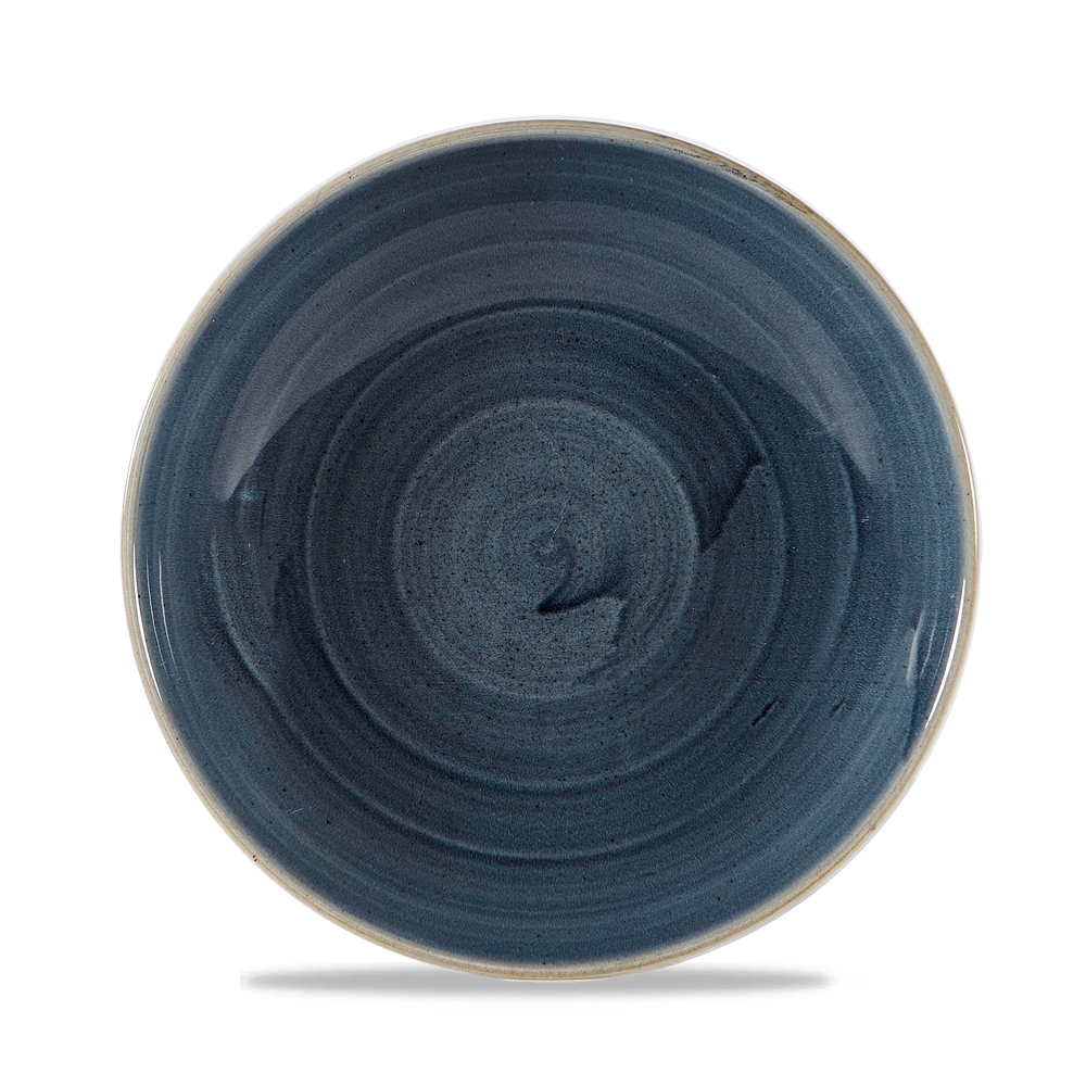Blauer Keramikteller mit Spiralmuster.