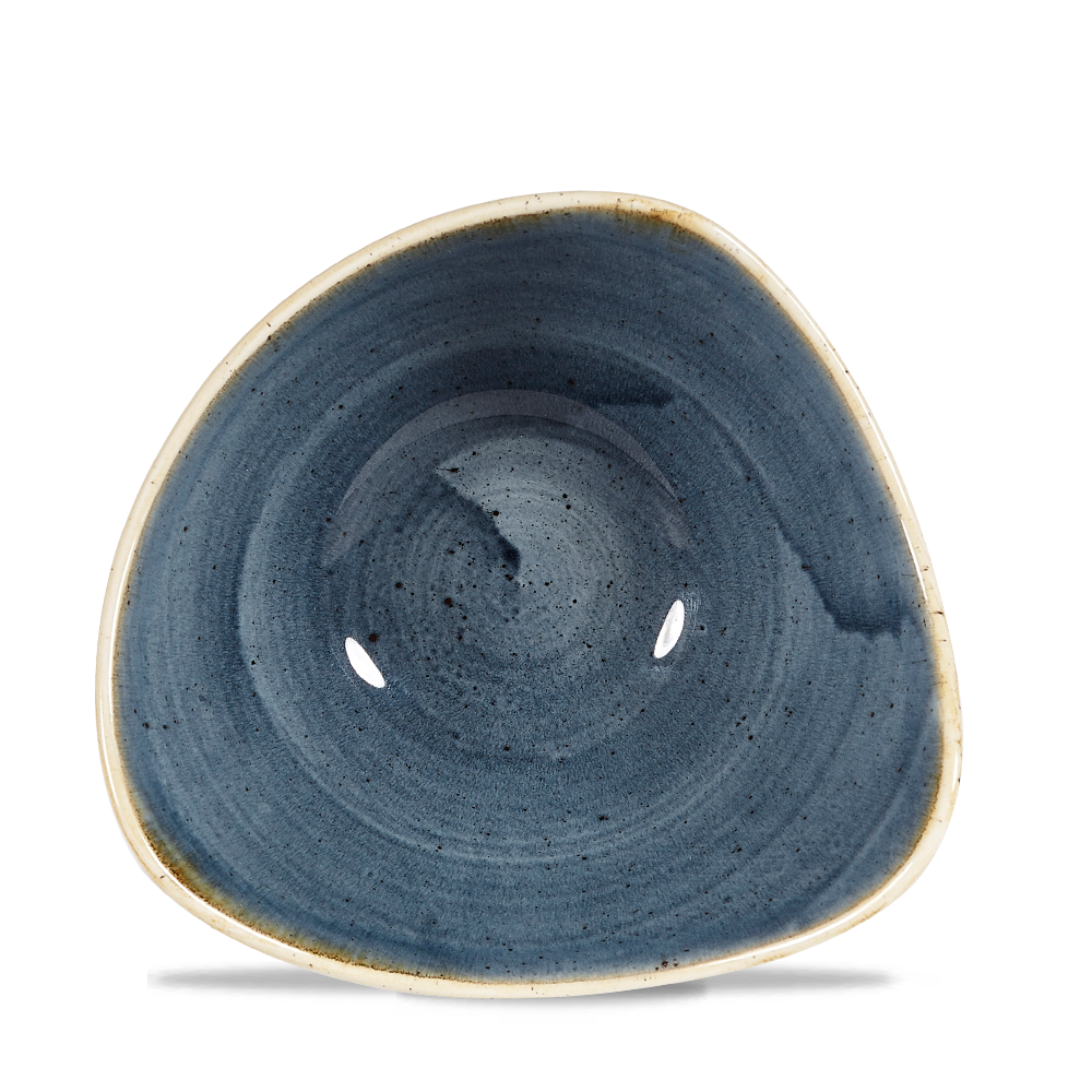 Blauer, dreieckiger Keramikteller.