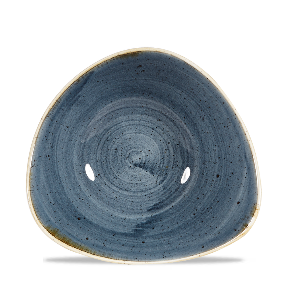 Blauer, dreieckiger Keramikteller.