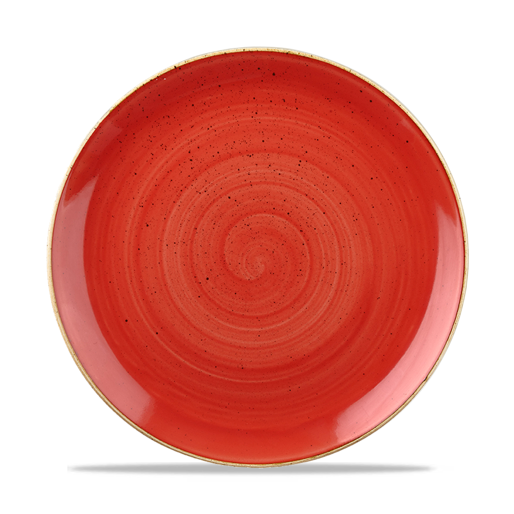 Roter Teller mit Spiralmuster.