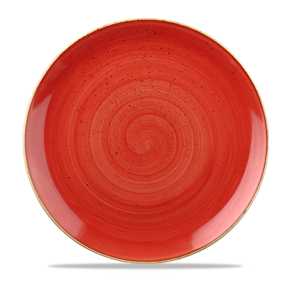 Roter Teller mit Spiralmuster.