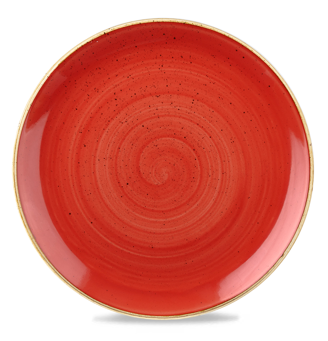 Roter Teller mit Spiralmuster.