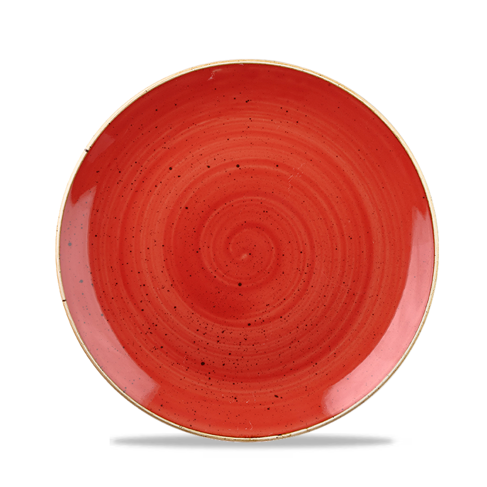 Roter Teller mit Spiralmuster.