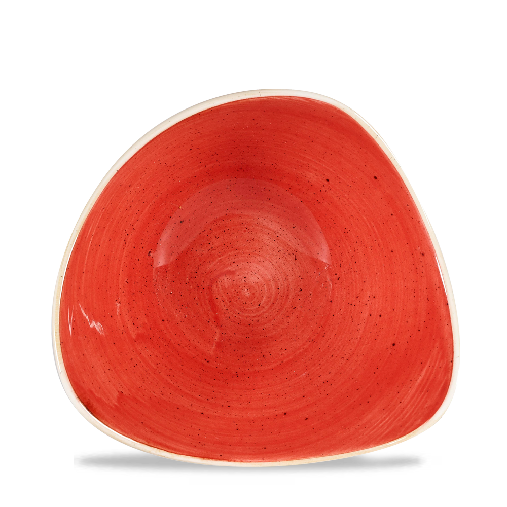 Roter, dreieckiger Teller mit Sprenkeln.