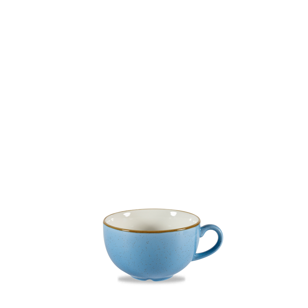 Blaue Tasse auf weißem Hintergrund.
