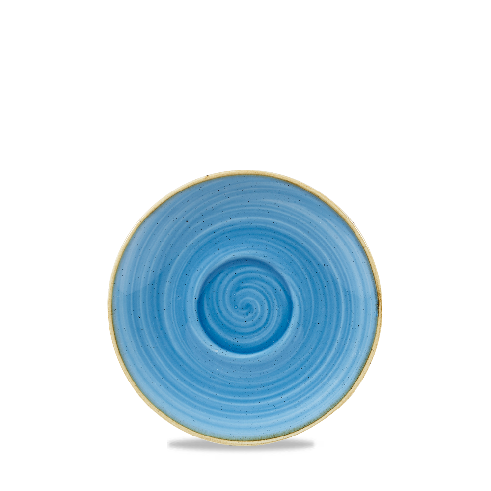 Blauer Teller mit Spiralmuster.