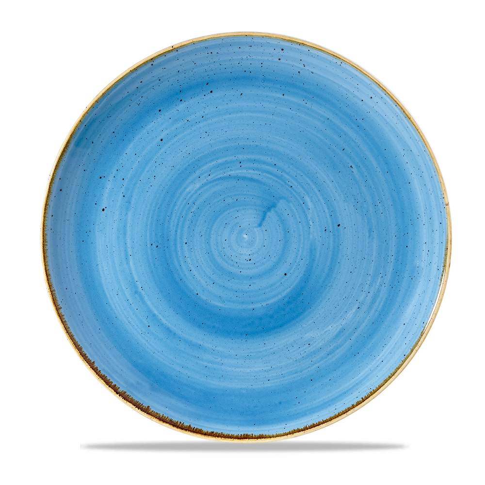 Blauer Teller mit Sprenkeln.