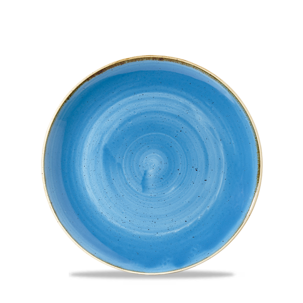 Blauer Teller mit Sprenkeln.