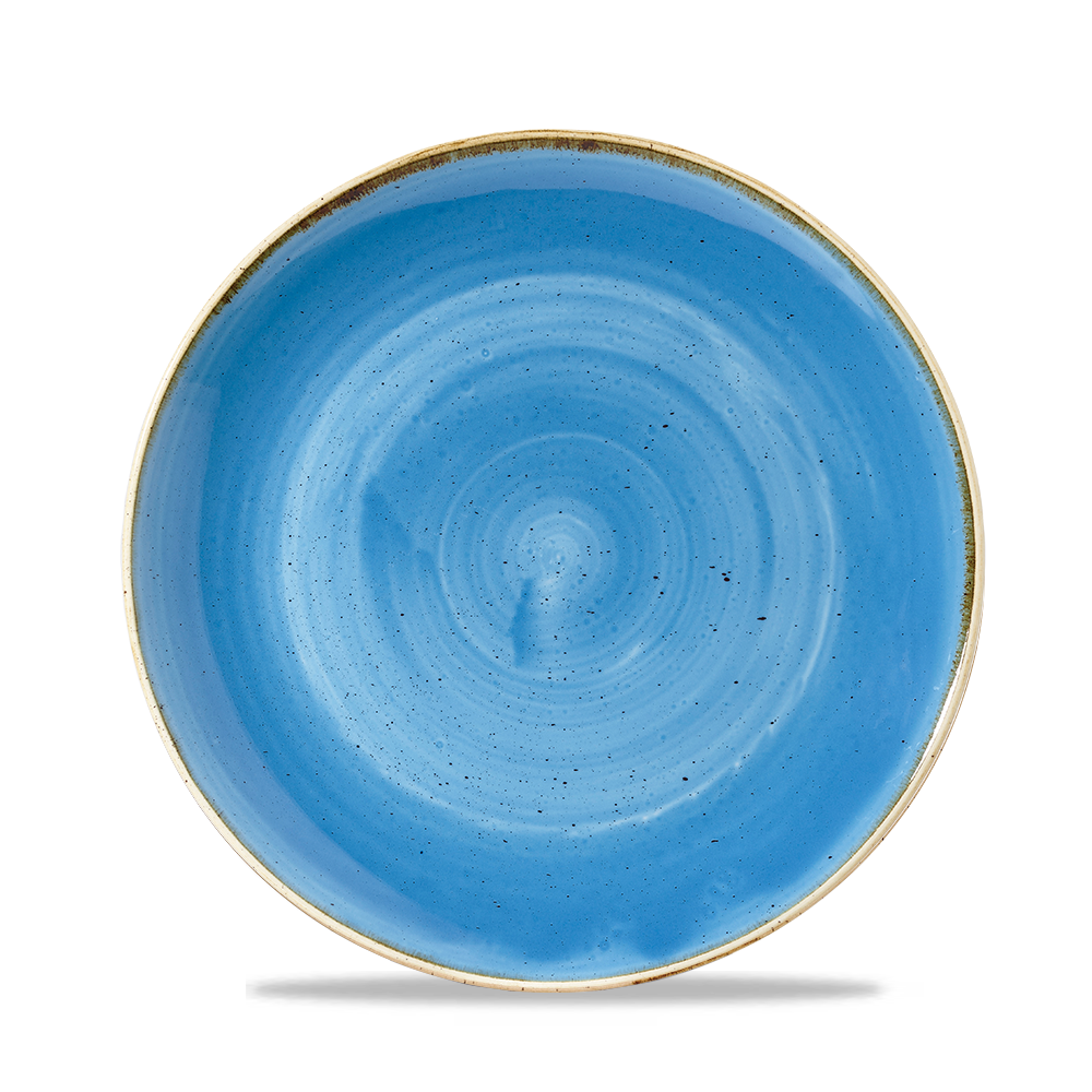 Blauer Teller mit Sprenkeln.