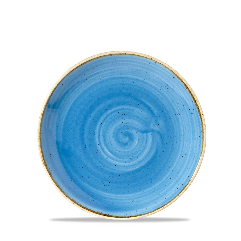 Blauer Teller mit Spiralmuster.