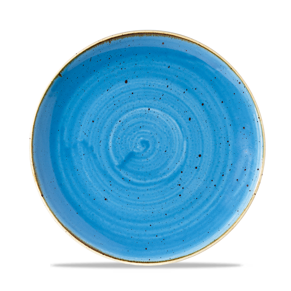 Blauer Teller mit Spiralmuster.
