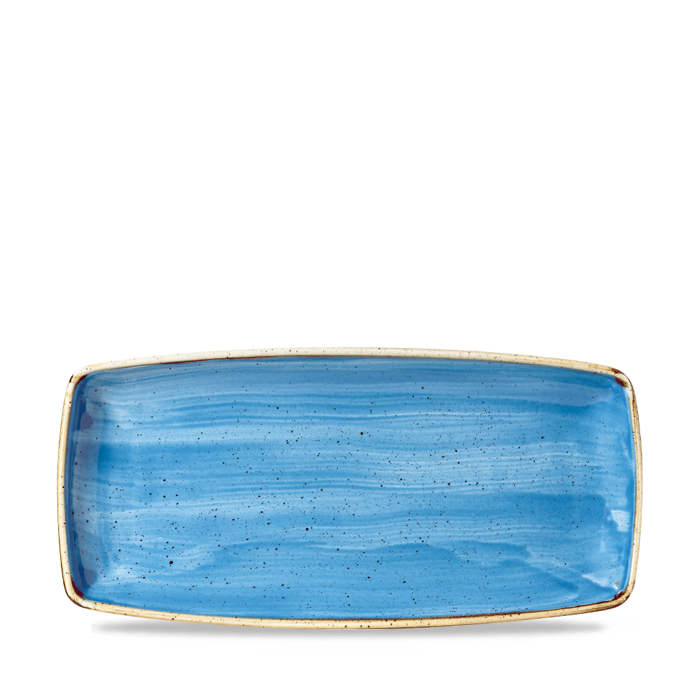 Rechteckiger blauer Teller mit Sprenkeln.