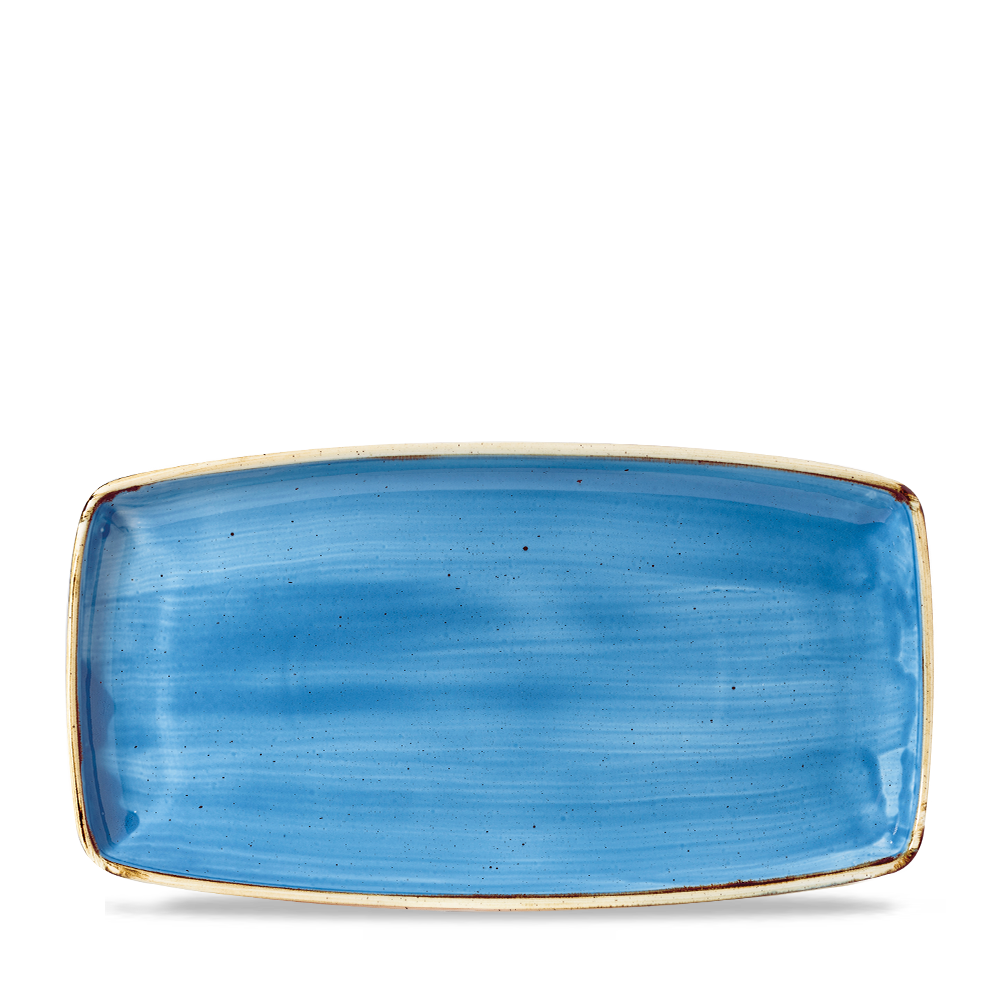 Rechteckiger blauer Teller, obenansicht.