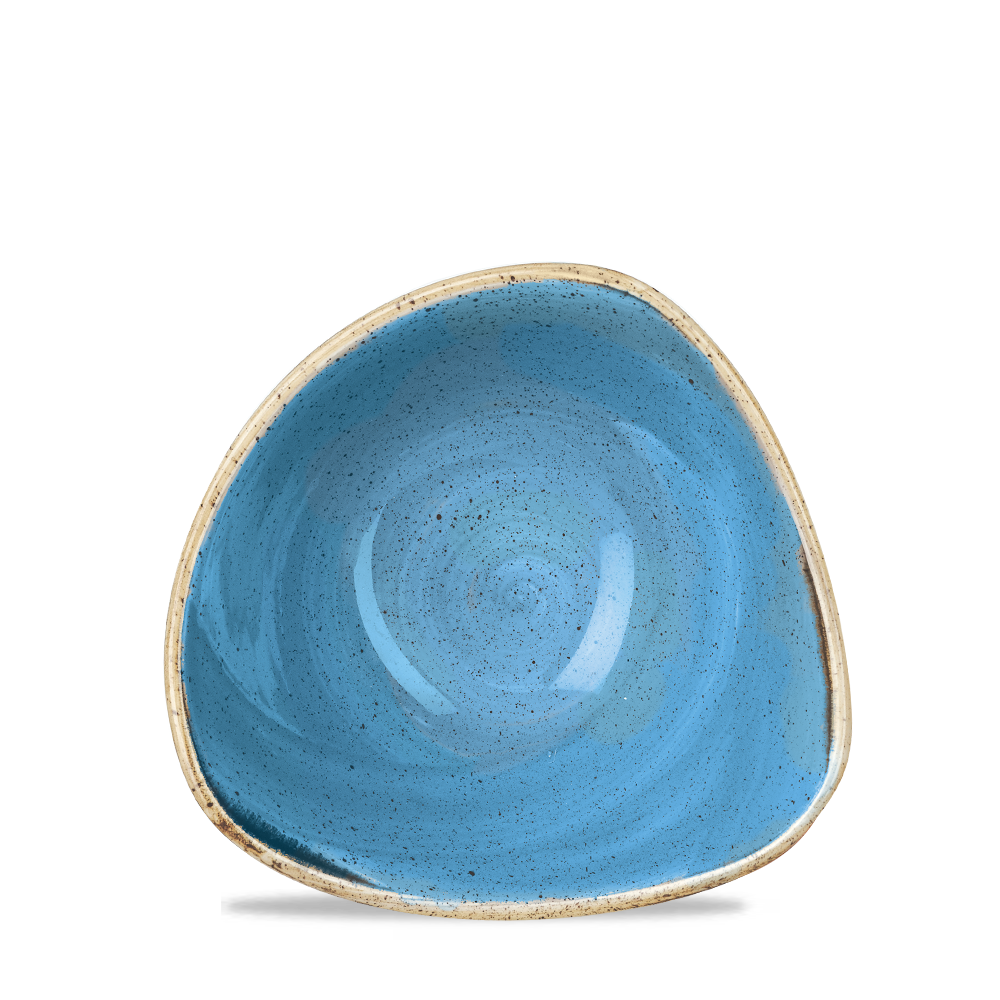 Blauer, dreieckiger Teller mit Sprenkeln.