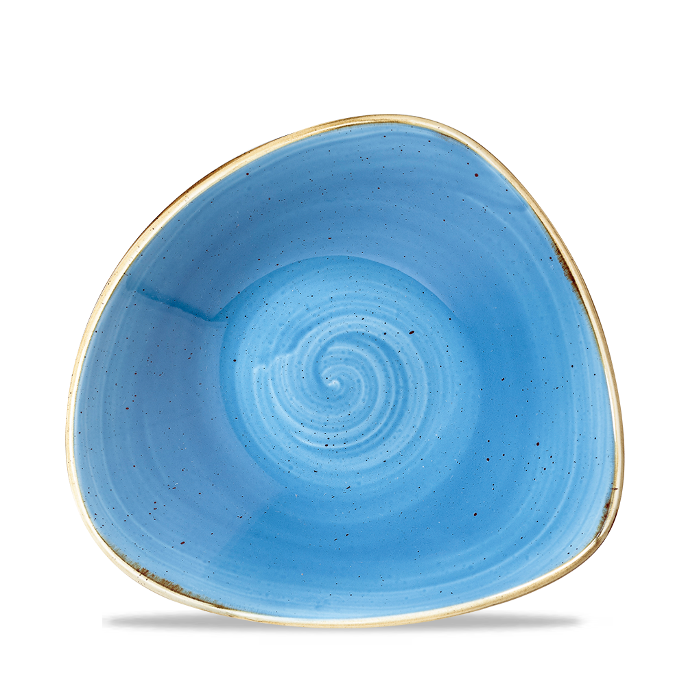 Blauer, dreieckiger Teller mit Spirale.