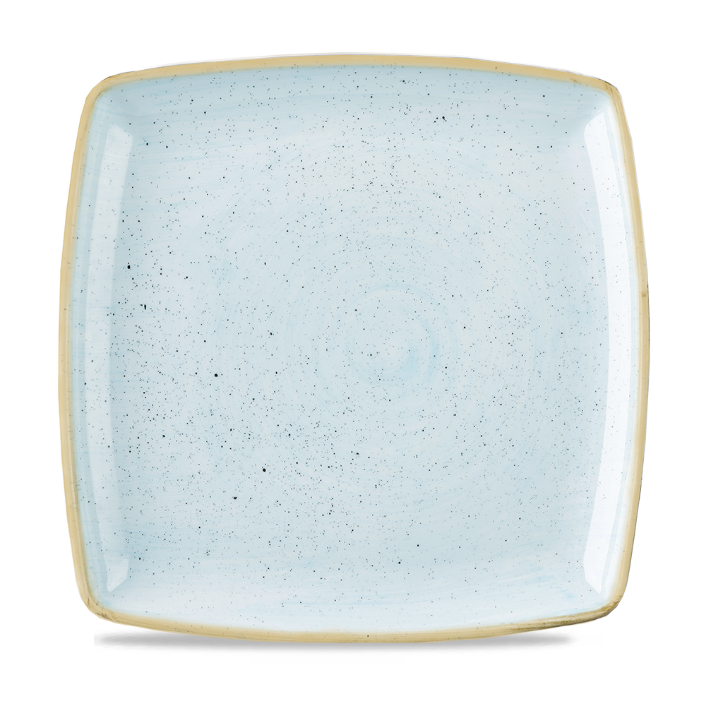 Quadratischer, blauer, gesprenkelter Teller.
