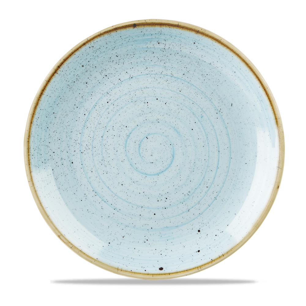 Blauer Teller mit Sprenkeln.