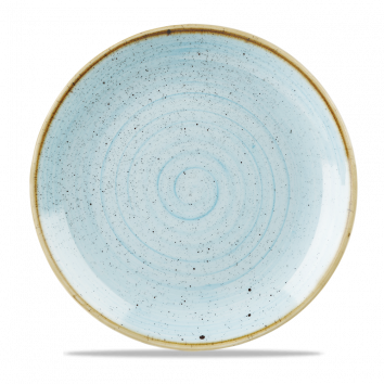 Blauer Teller mit Sprenkeln.