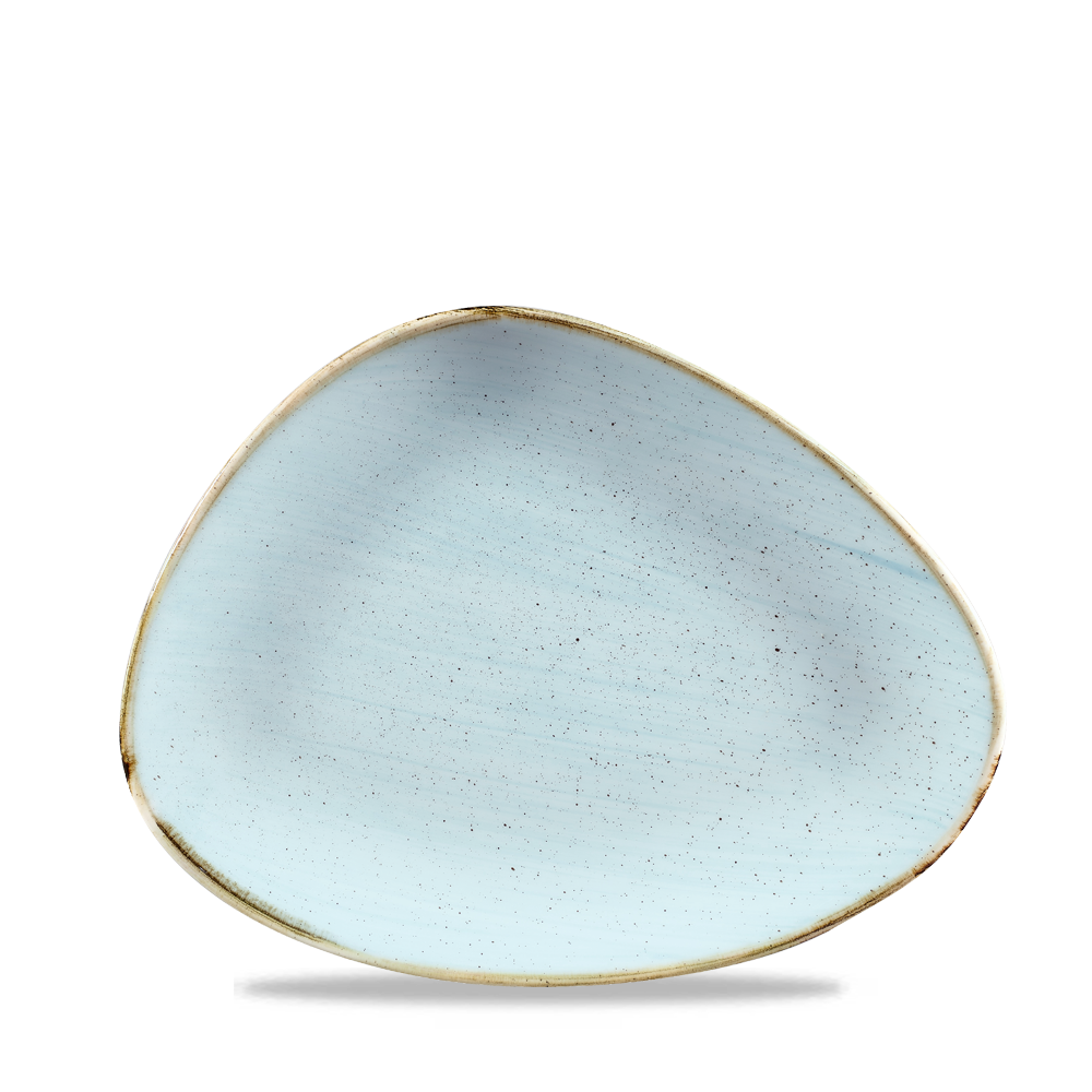 Dreieckiger, blauer Keramikteller.