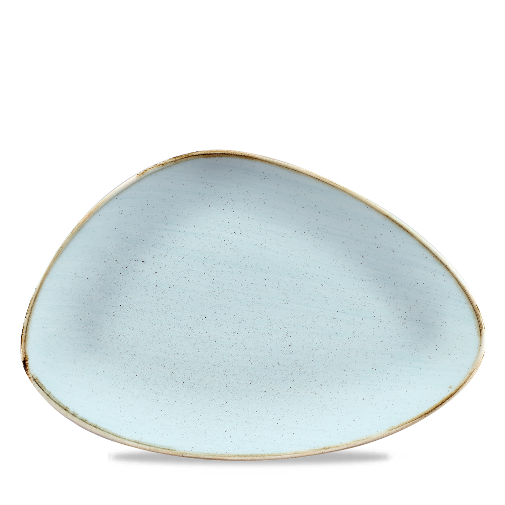 Dreieckiger, blauer Teller, minimalistisch.