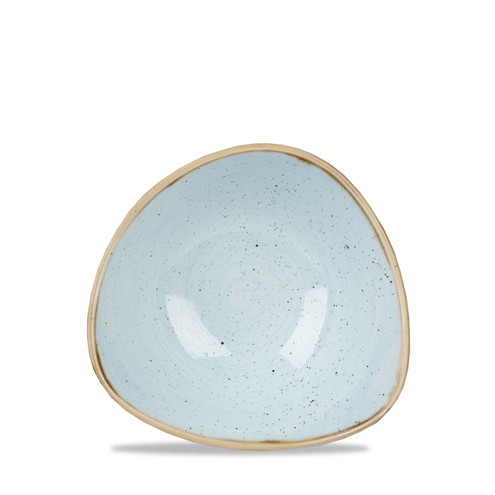Dreieckiger, blauer Teller mit Sprenkeln.