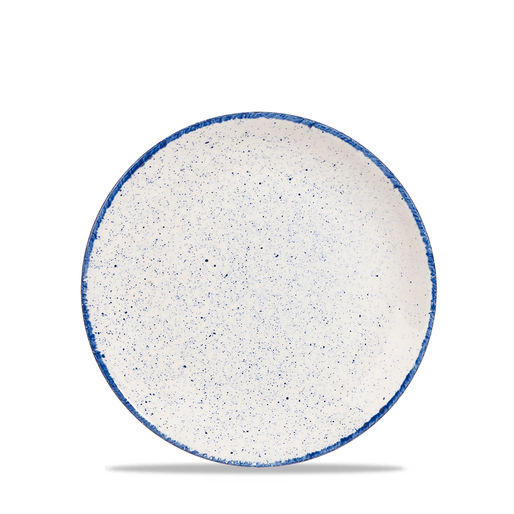 Weißer Teller mit blauen Sprenkeln.