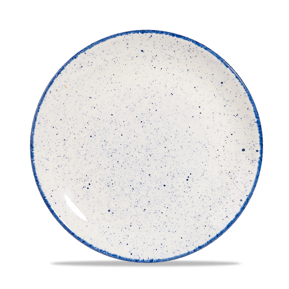 Weißer Teller mit blauen Sprenkeln.