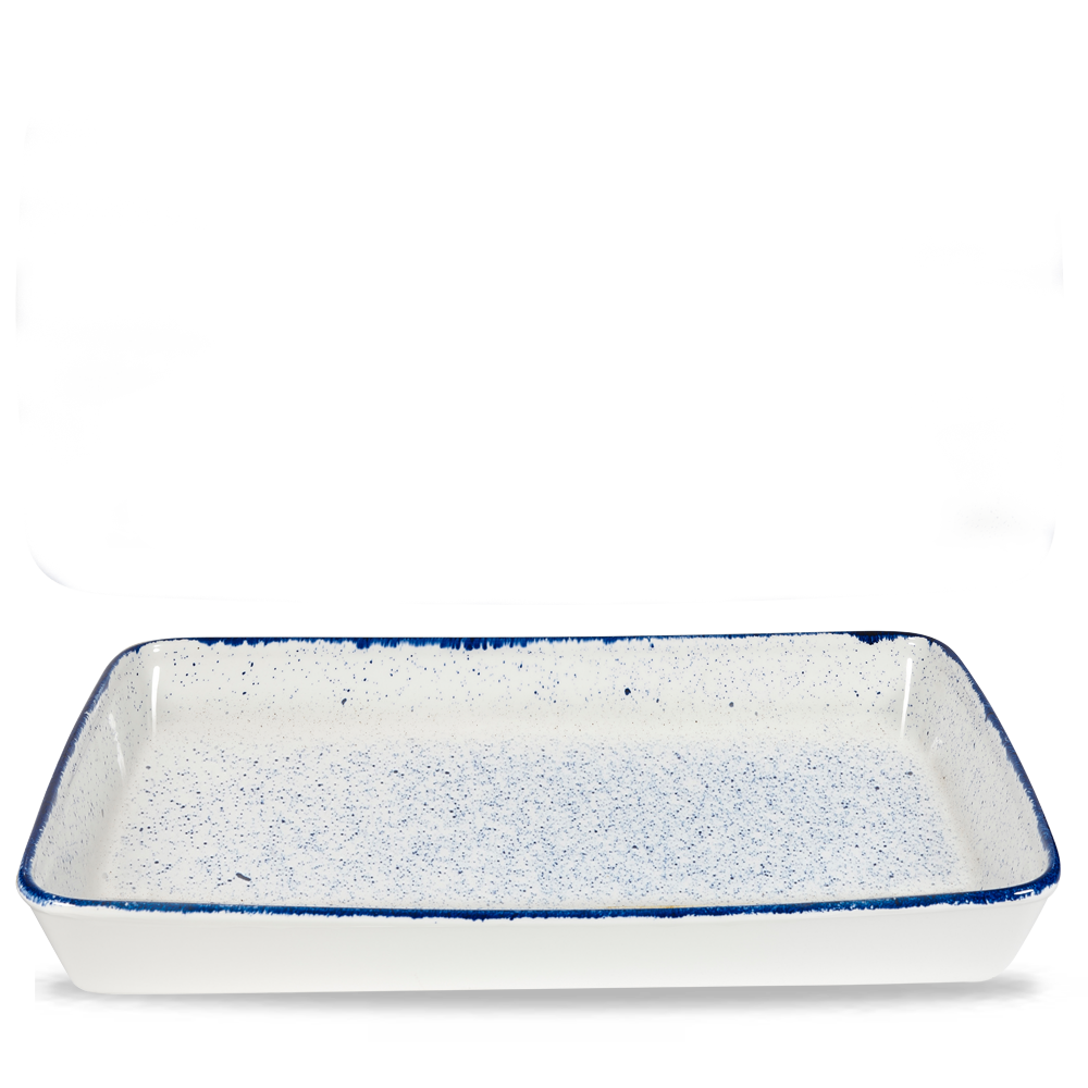 Rechteckige, weiße Servierplatte mit Deckel.