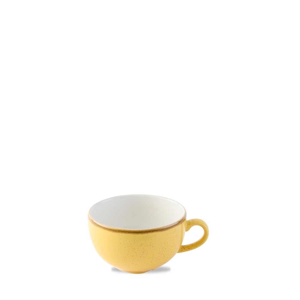 Gelbe Tasse auf weißem Hintergrund.
