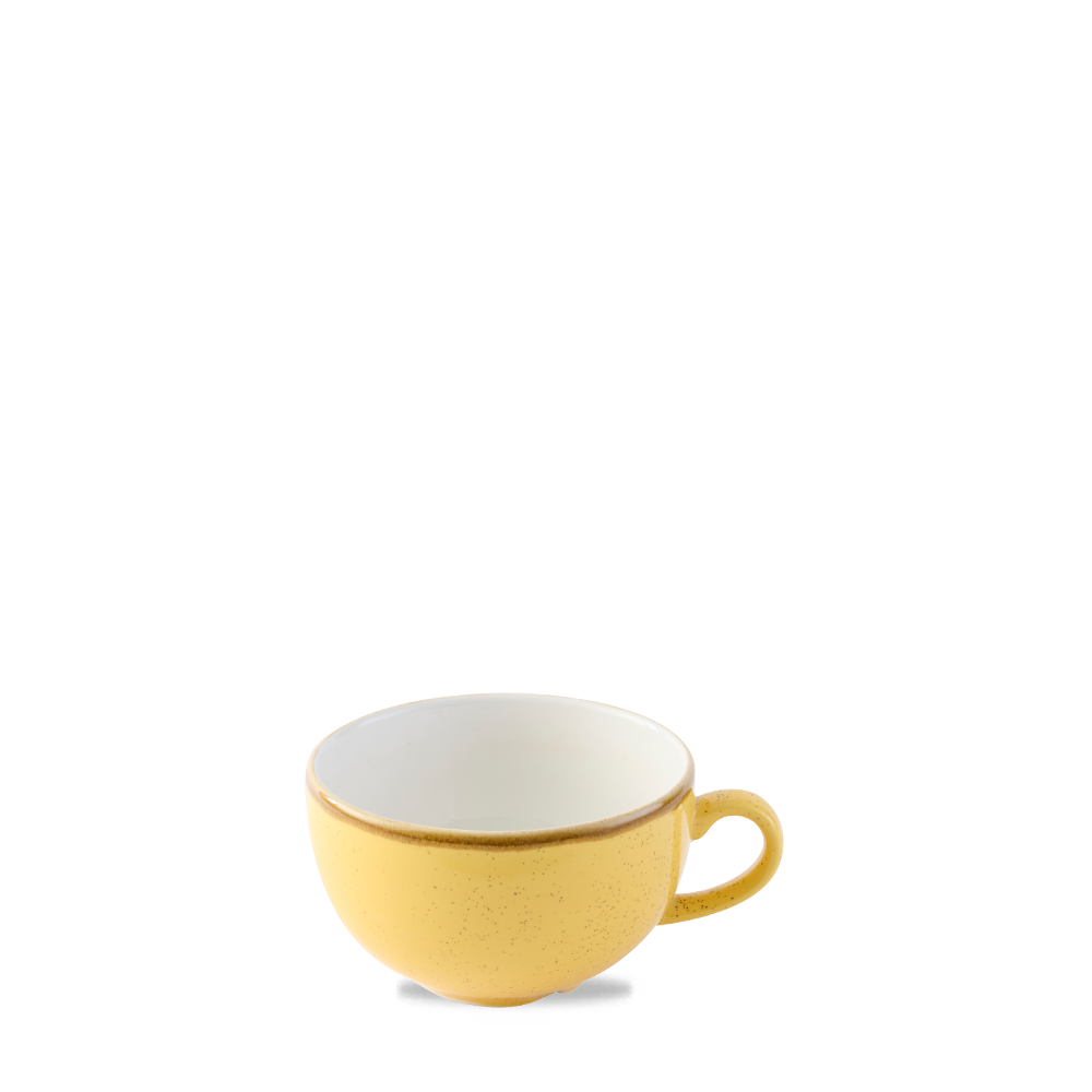 Gelbe Tasse mit Henkel.
