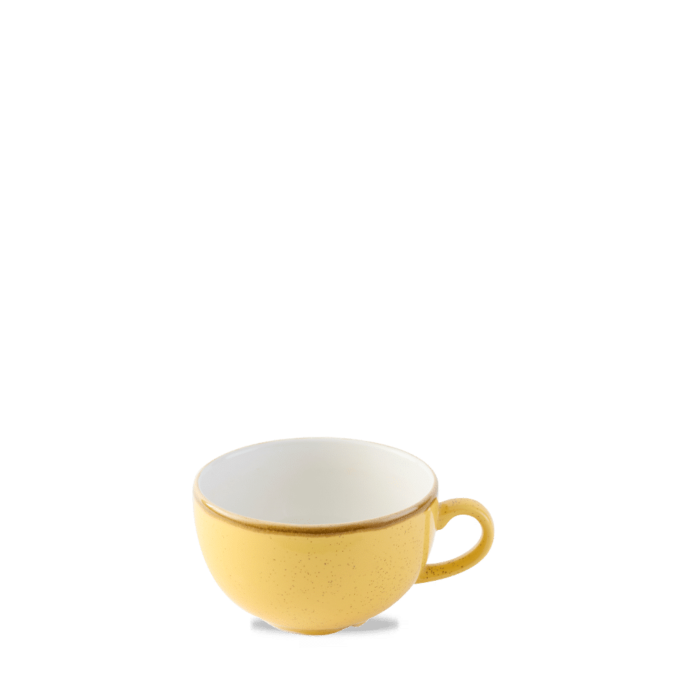 Gelbe Kaffeetasse auf weißem Hintergrund