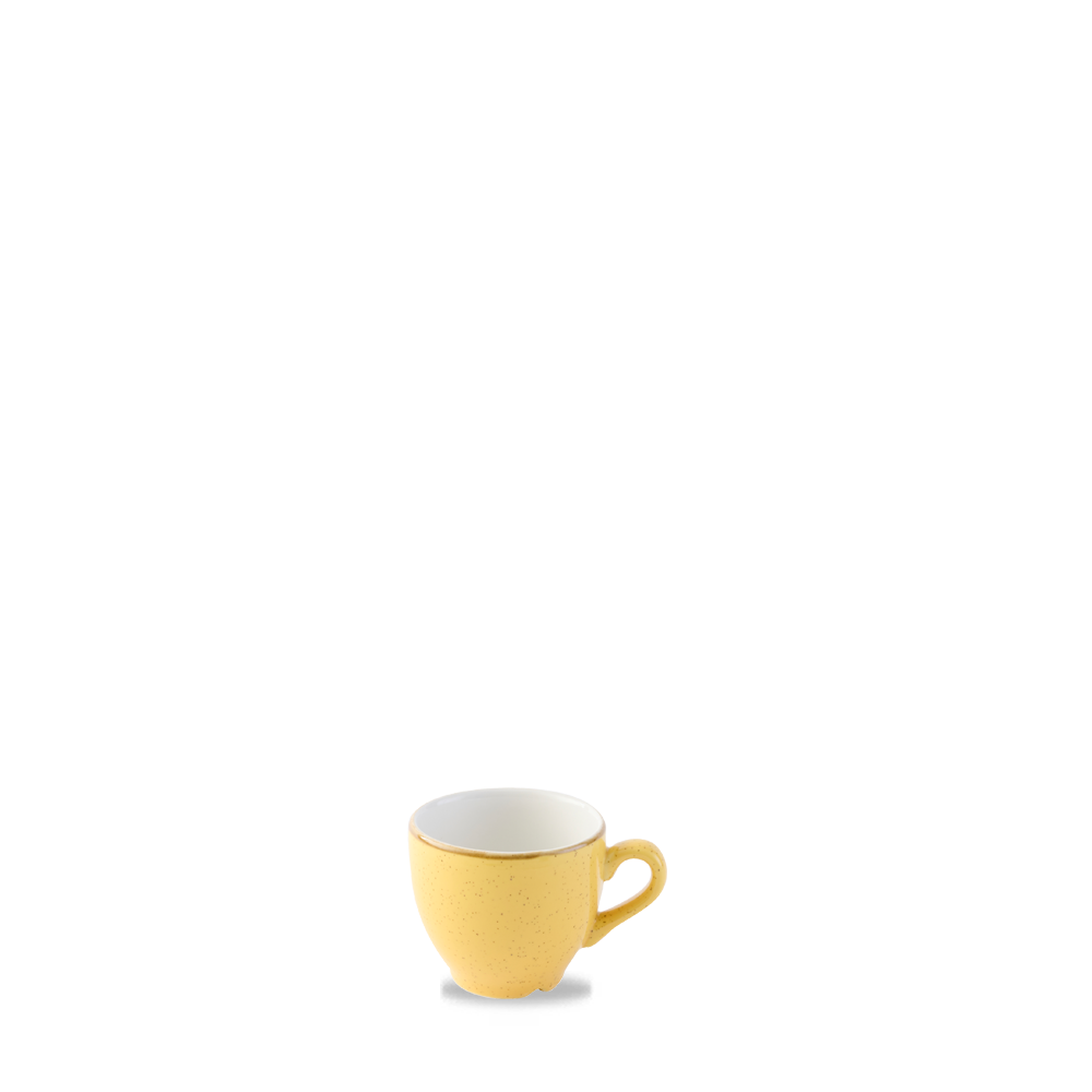 Gelbe Tasse auf weißem Hintergrund.