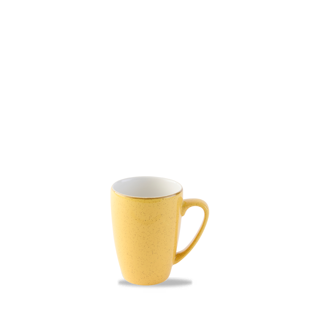 Gelbe Tasse auf weißem Hintergrund.