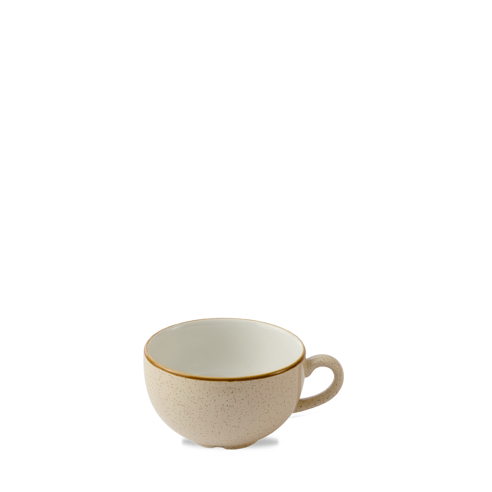 Beige Tasse mit Henkel.