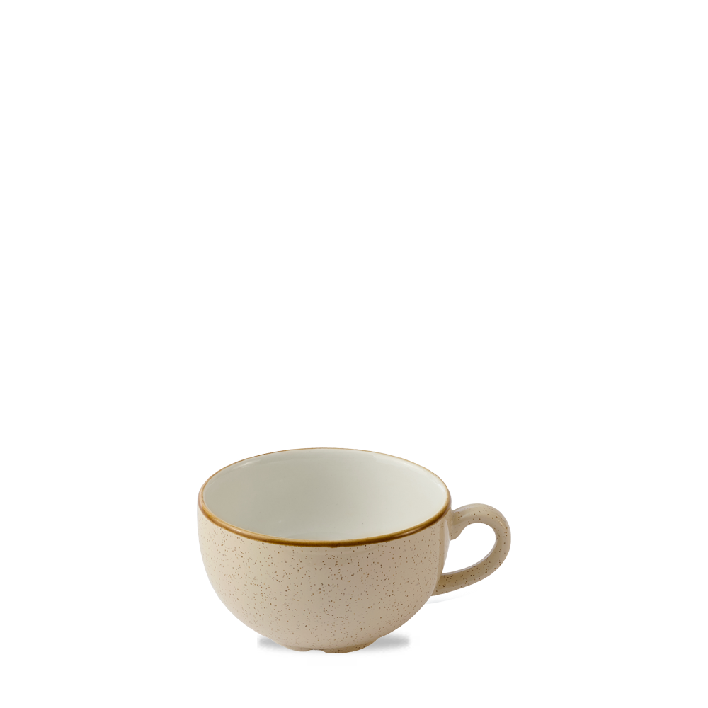 Beige Tasse mit Henkel.