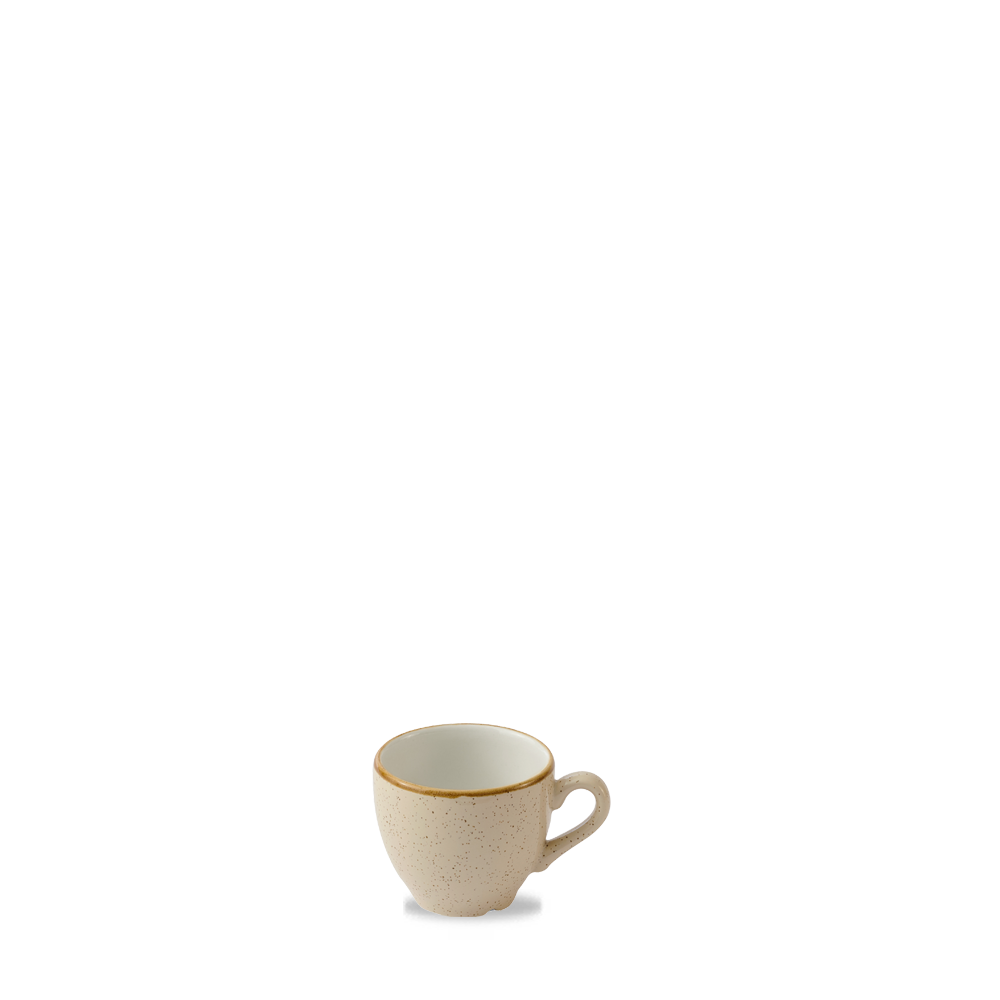 Kleine, beige Tasse mit Henkel.