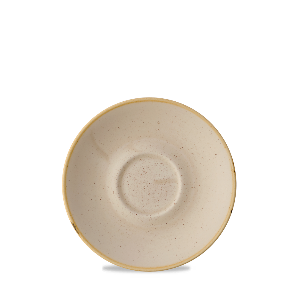 Beige Untertasse mit Sprenkeln.