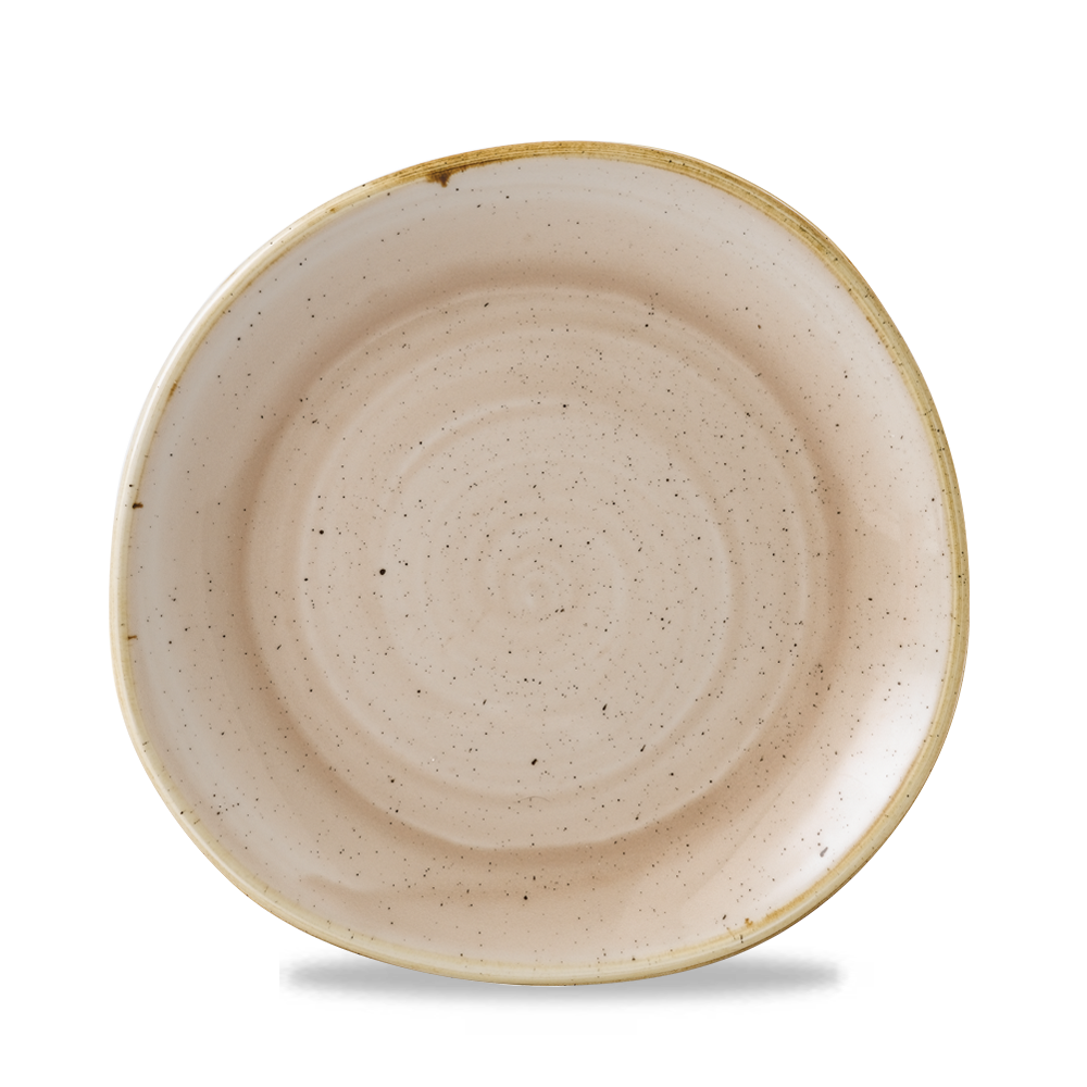 Leerer, beige gesprenkelter Teller.