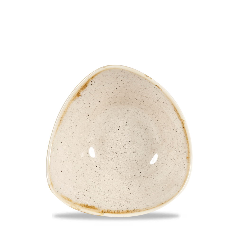 Beige, dreieckiger, gesprenkelter Teller.