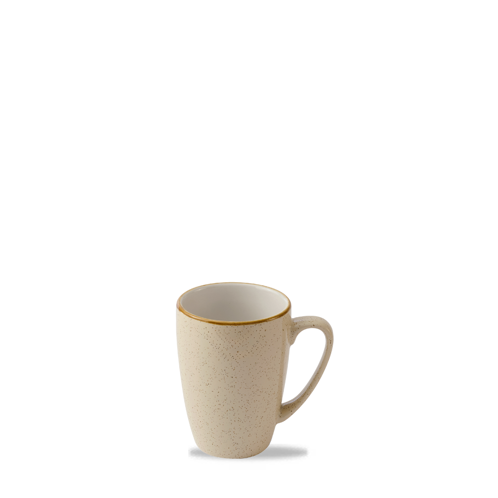 Beige Tasse mit Henkel.
