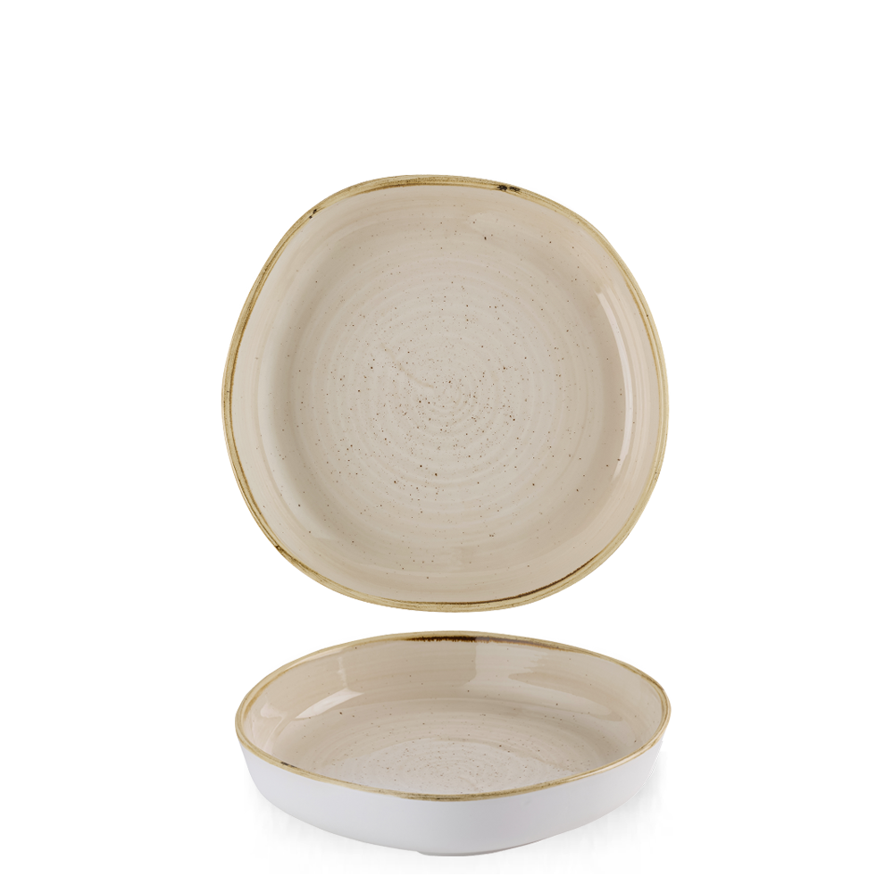 Zwei beige, quadratische Teller.