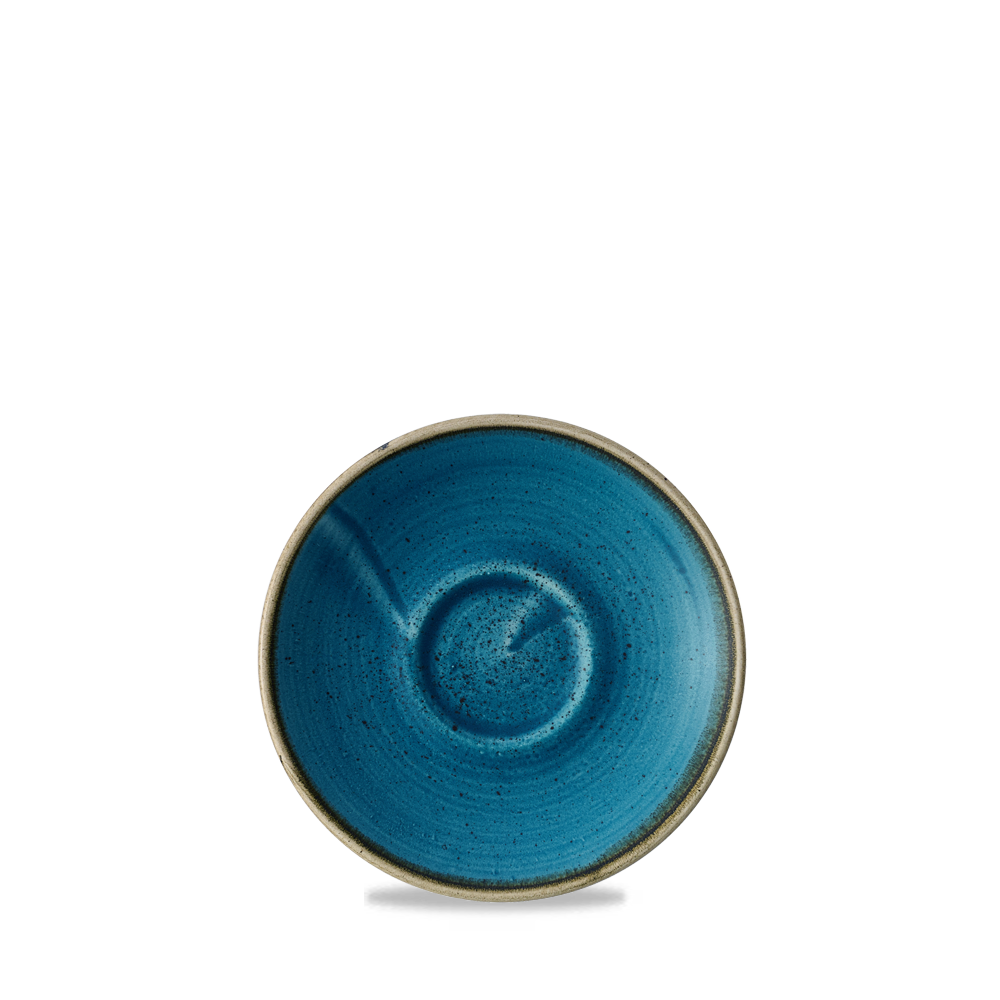 Blauer Teller mit spiralförmigem Muster.