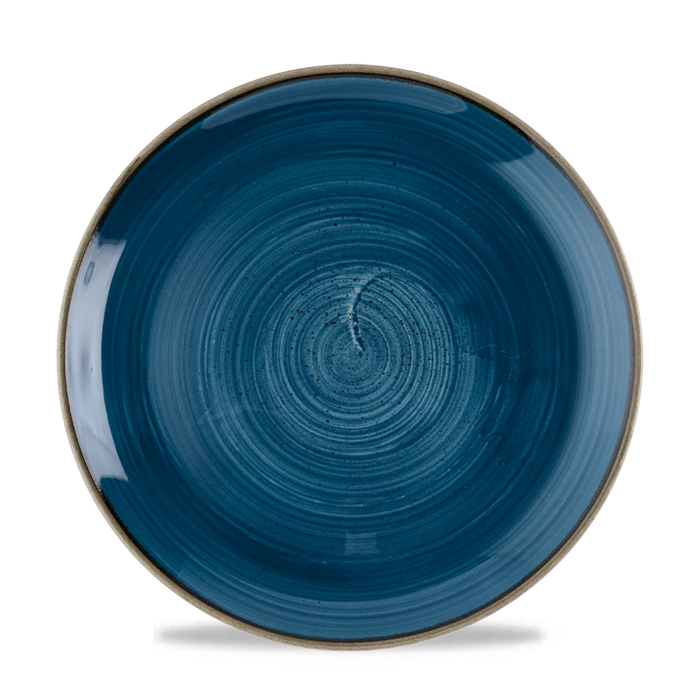 Blauer Teller mit spiralförmigem Muster.