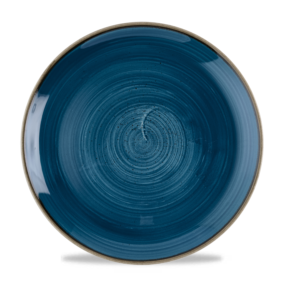Blauer Teller mit spiralförmigem Muster.