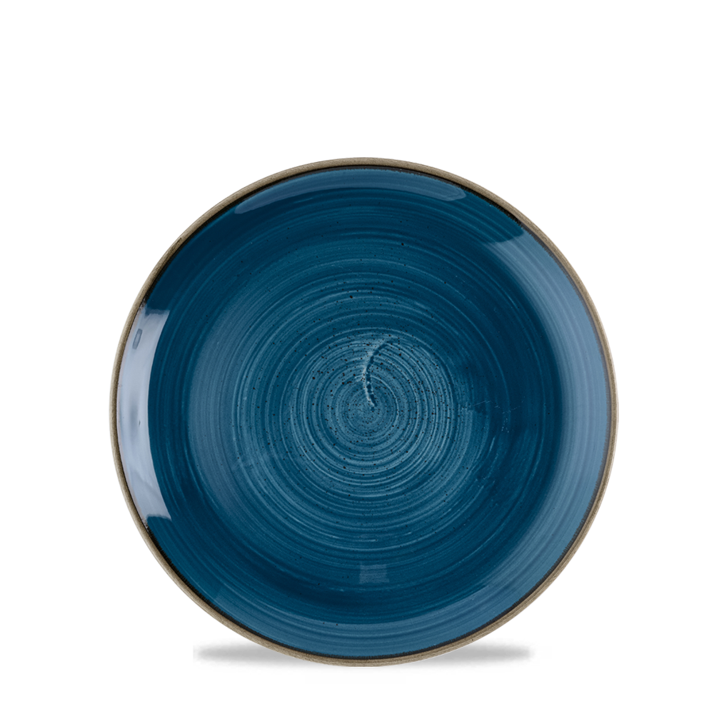 Blauer Teller mit spiralförmigem Muster.