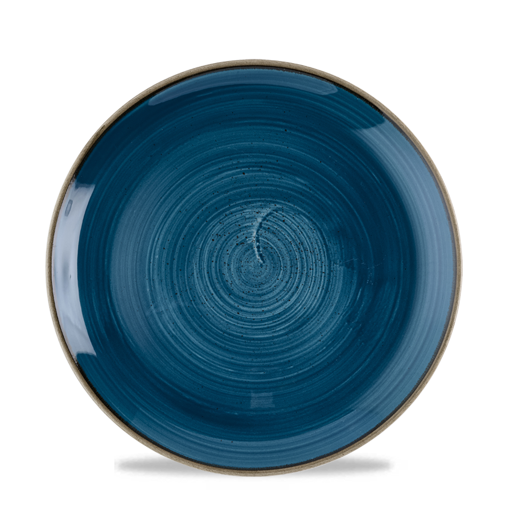 Blauer Teller mit spiralförmigem Muster.