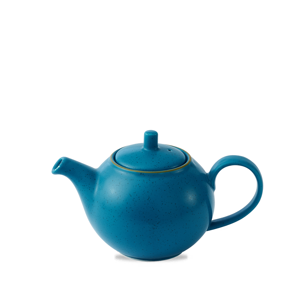 Blaue Teekanne auf weißem Hintergrund.
