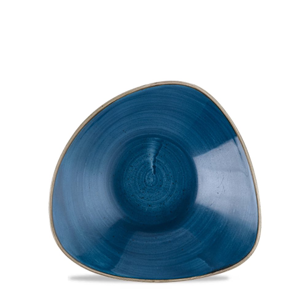 Blauer, dreieckiger Teller aus Keramik.