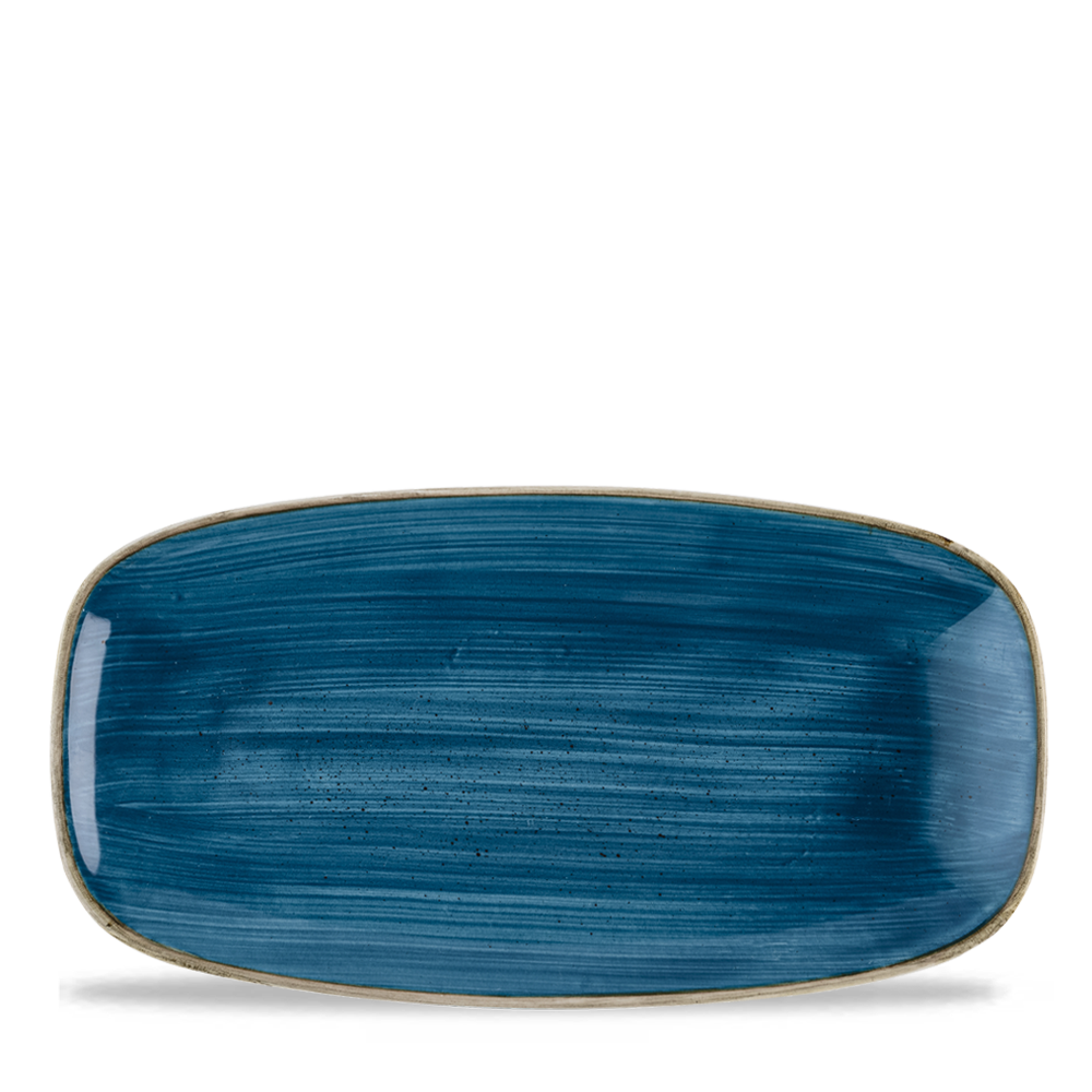 Rechteckiger blauer Teller, minimalistisch.